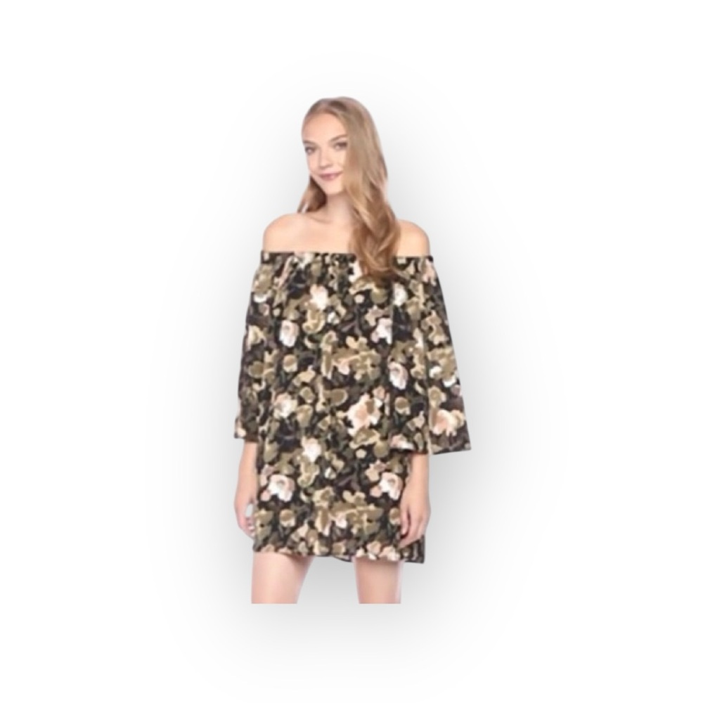 new French Connection 𑁍 Dream Floral Print Off Shoulder Mini Dress 𑁍 Olive 𑁍 XS - Picture 4 of 16